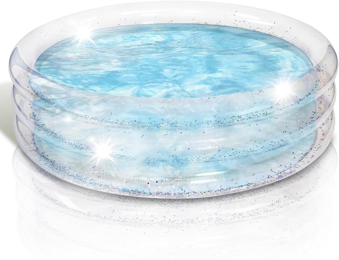 ArtCreativity Sparkly Inflatable Kiddie Pool for Kids 34"x10" - 3 Levels - Transparent Blow Up Baby Pool with Silver Glitter, Easy to Inflate Small Toddler Pools for Outdoor