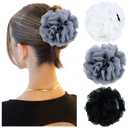 Dizila 3 Pieces Large Tulle Rose Flower Hair Claws Clips Floral Bun Updo Holders Hair Barrettes Headpieces for Women Girls (White+Gray+Black)