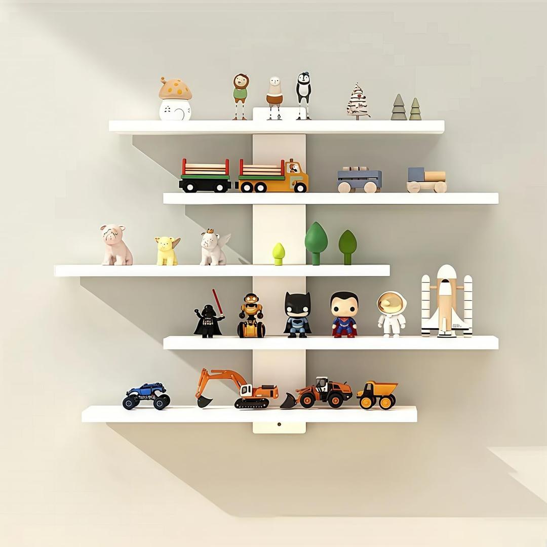 5-Tier Floating Wall Mounted Shelves (White & Black) - Decor & Display Storage for Anime Figurines, Dolls, Green Plants & Statues Ideal for Bedroom & Living Room & Study Room, or Kids Room