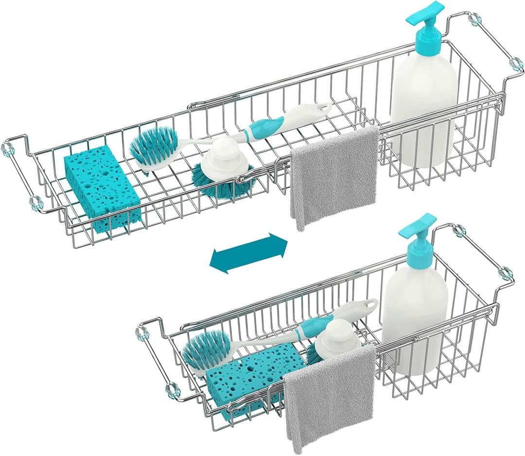 Over The Kitchen Sink Caddy Sponge Holder Organizer Drying Rack Expandable for Sponge Brush Soap Dish Cloth Rag 14.5" to 22", Stainless Steel