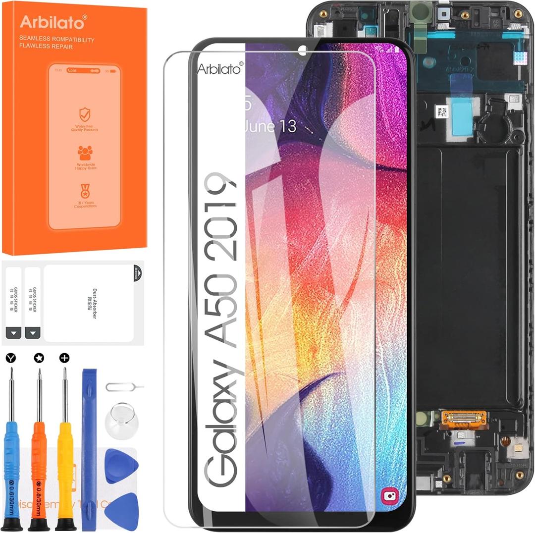 OLED Screen for Samsung Galaxy A50 2019 Screen Replacement for Samsung A505 LCD Screen SM-A505F,SM-A505G,SM-A505W Touch Display Digitizer Assembly Repair Parts with Frame(Support Figerprint Function)