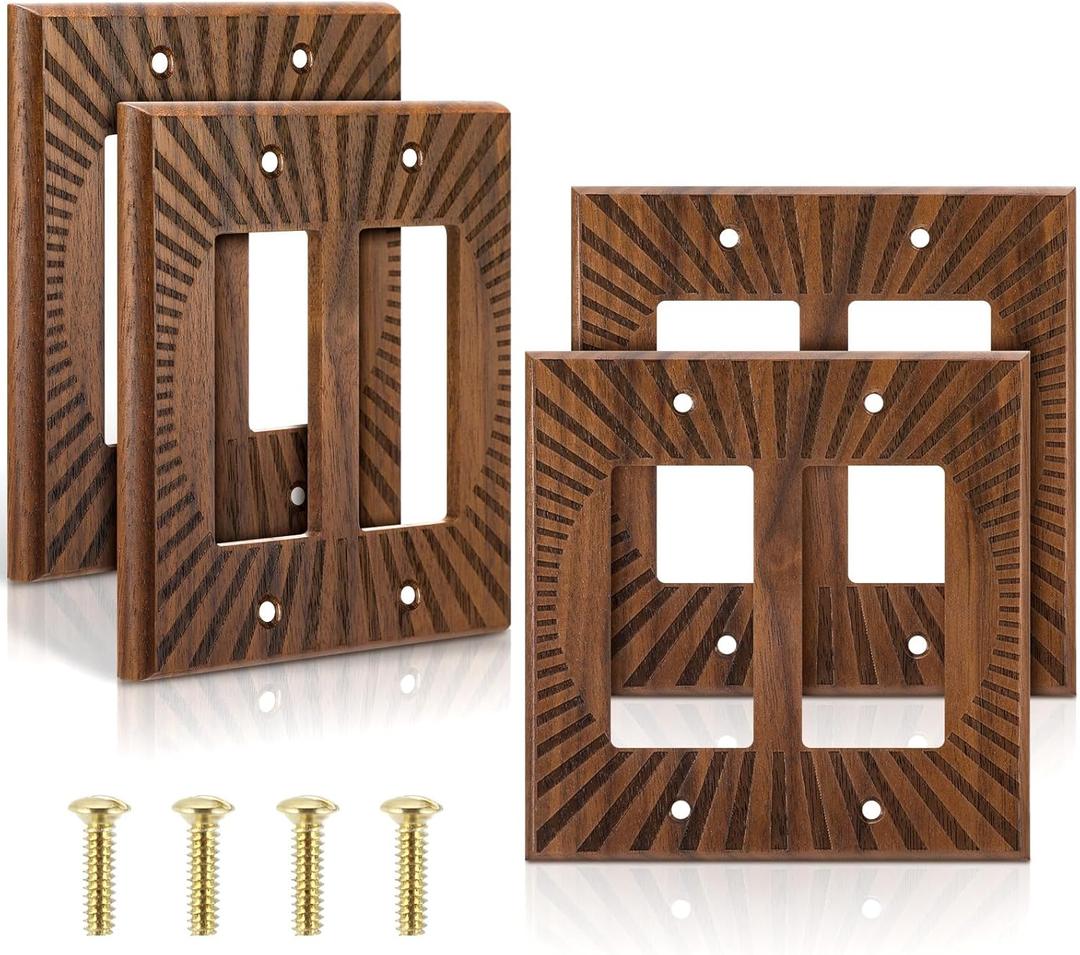 4 Pcs Walnut Wood Light Switch Cover Brown Outlet Covers Wall Plate Decorative Boho Plug Plate Vintage Rustic Contemporary Interior Room Home Decor (14.2 * 14cm,Double Decorator)