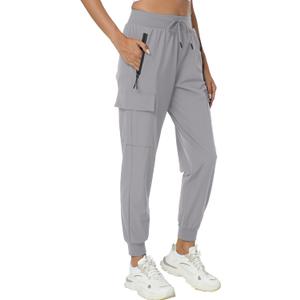 Women's Joggers with Pockets Lightweight - Water Resistant Cargo Athletic Pants for Hiking Running Camping Travel, XL Light Grey
