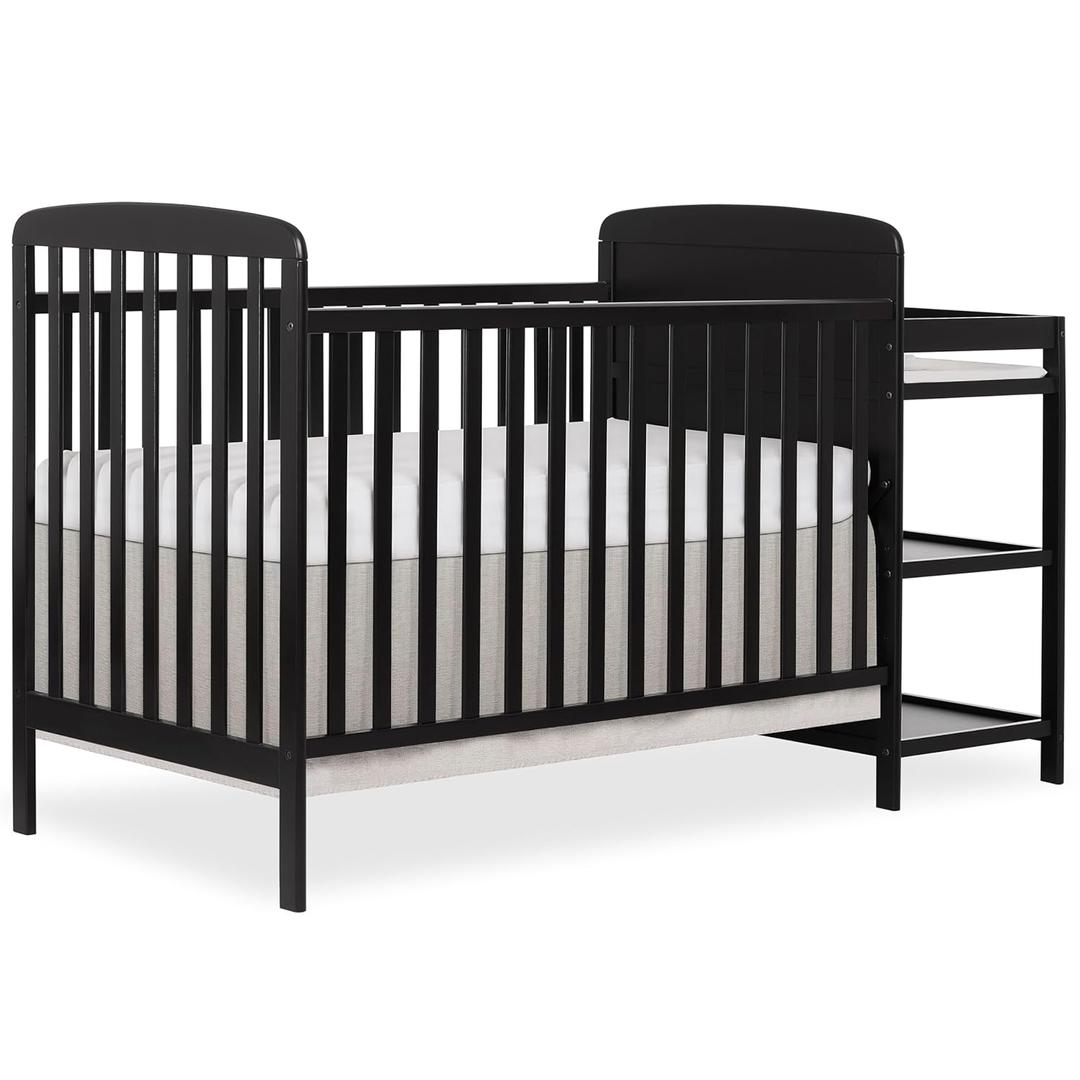 Dream On Me Anna 3-in-1 Convertible Full-Size Baby Crib & Changer with Storage in Black, GreenGuard Gold & JPMA, Pinewood, Converts to Day & Toddler Bed (Rails to Buy), 3 Levels, 1 Changing Pad
