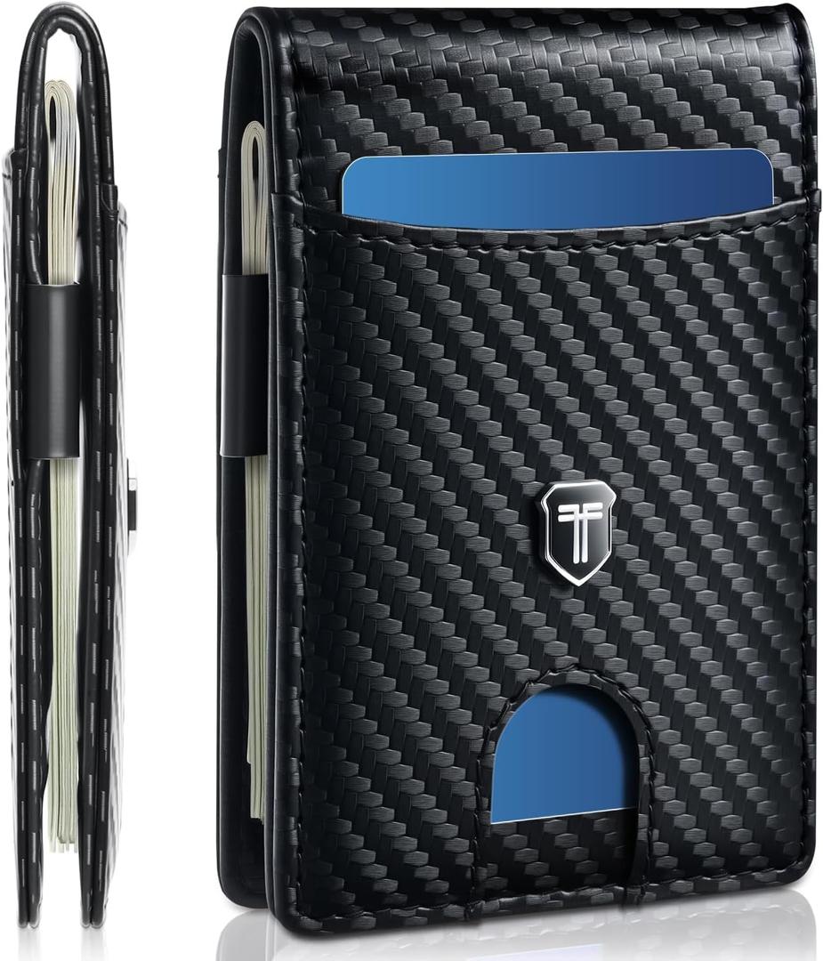 Gostwo Slim Wallet for Men, Minimalist Money Clip Card Wallet, RFID Blocking Bifold Mens Wallet, Front Pocket Credit Card Holder with ID Window, Gifts for Him, Carbon Fiber Black