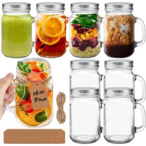16oz Mason Jars with Handle 9Pack, Mason Jar Mugs with Handles with Handle & Screw Sliver Lid for Juice, Kombucha, Tea, coffee, Kitchen, Wedding Decor with Tags &Twine Included