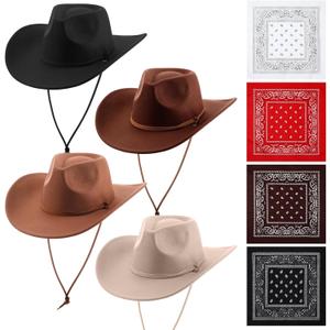 4 Sets Cowboy Hats Bandanas Felt Western Wide Brim Belt Buckle Panama Hats Bandanas Set for Women Men Burning Rodeo (Classic Color)