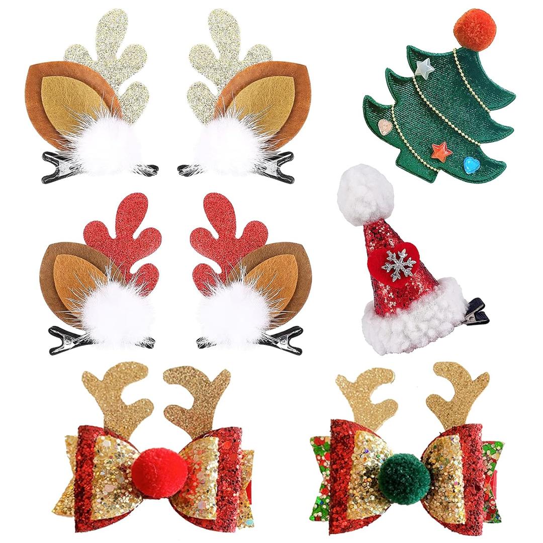 NBjiuyin 8Pcs Christmas Hair Clips Cute Decorative Cute Hair Accessories Antlers Headdress Hairpin Christmas Tree Hat Hair Bows for Girls Women Kids Gifts