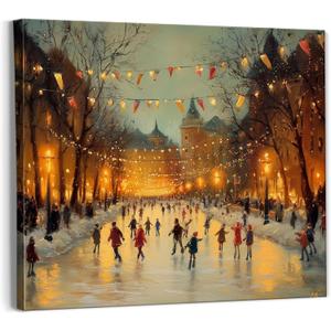 PQKIY Vintage Cozy Winter Holiday Wall Art Decor,Ice Skating Children under Lights Festive Holiday Wall Decoration,Charming Winter Wall Art for Home Bedroom Living Room,11x14 Inch