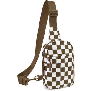 Small Checkered Crossbody Sling Bag Chest Bag Water Resistant Fanny Pack Running Phone Holder for Women Men Workout Travelling Hiking(Caramel)