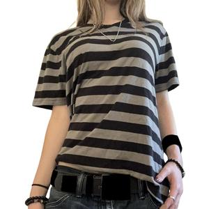 Y2k Women Striped Crop Tops Long Sleeve Loose Fit Fairy Grunge Tees T-Shirt Color Block Casual Fall Going Out (S, Gray)