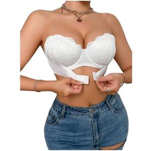 MakeMeChic Women's Strapless Bra Front Closure Lace Underwire Bandeau Bra, Size 75 B