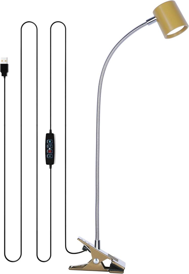 Dott Arts Desk Lamp,USB Clip On Light with 3 Color Modes,LED 10 Levels Brightness Reading Lamp, 360 Gooseneck Book Light,Eye-Care Reading Light for Home Office,Headboards Gold, DA-3.5W-01