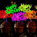 24 Pieces Neon Cupcake Toppers Neon Birthday Decorations Happy Birthday Cake and Cupcake Toppers for Glow Party Wedding Decoration Black Light Reactive Party Halloween Christmas
