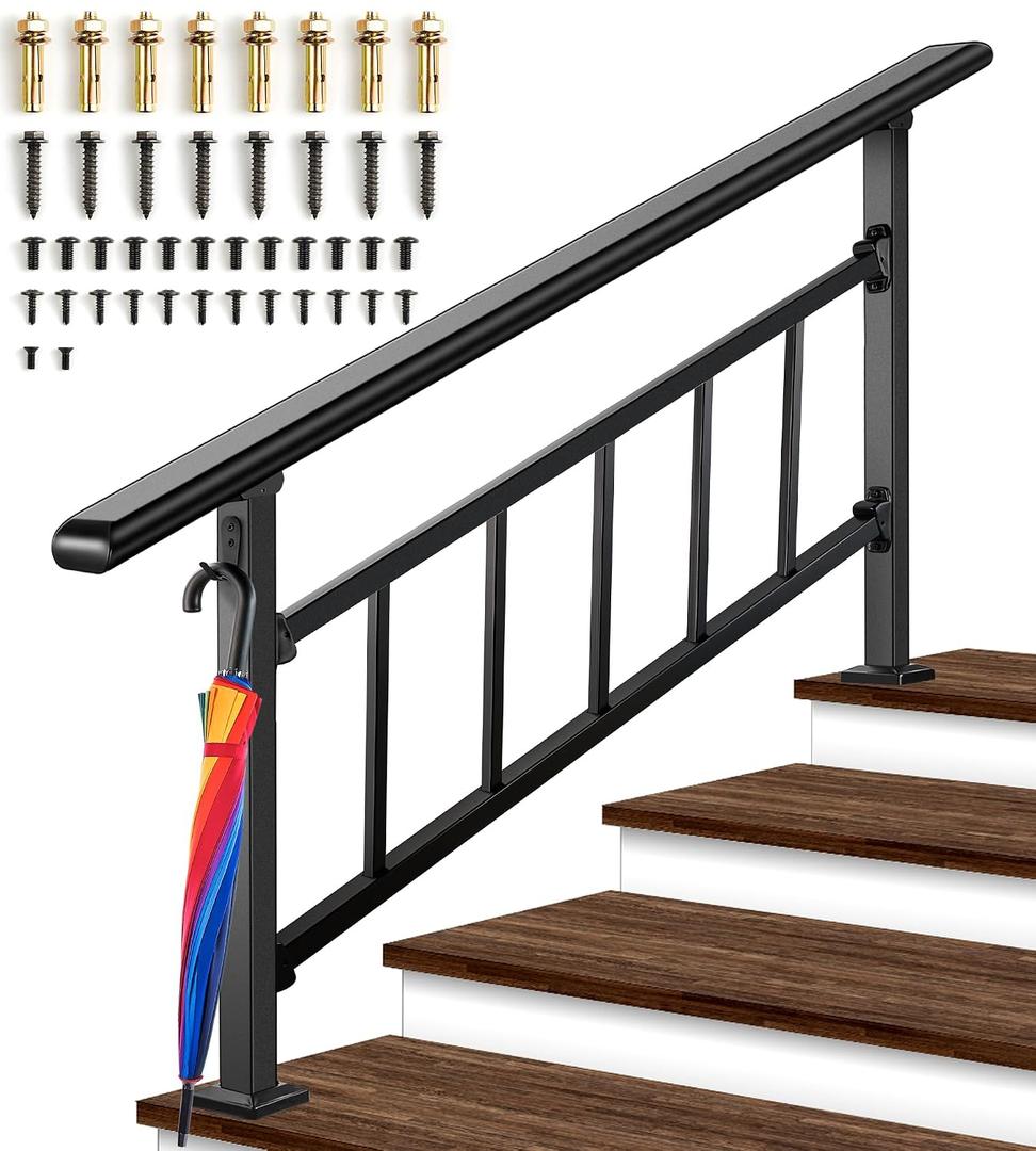 Updated Handrails for Outdoor Steps, 3-4 Steps Wrought Iron Stair Railing with Fence, Flexible Exterior Hand Railing for Concrete or Wooden Stairs, Black Transitional Handrails with Installation Kit