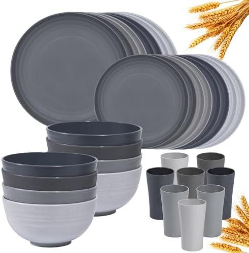 Klickpick Home 32 Pieces wheatstraw Dinnerware Set with 8 Each of Dinner Plates Desert Plates Cereal Salad Bowls Cups Unbreakable Modern Dinner Set for Microwave Dishwasher Safe Reusable Grey stone