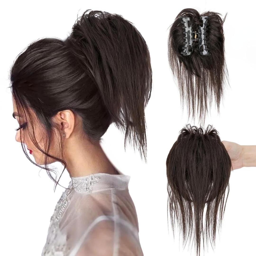 Short Claw Clip Ponytail Extension, Messy Bun Hair Piece, 100% Real Human Hair, 6 Inch, #1B Natural Black