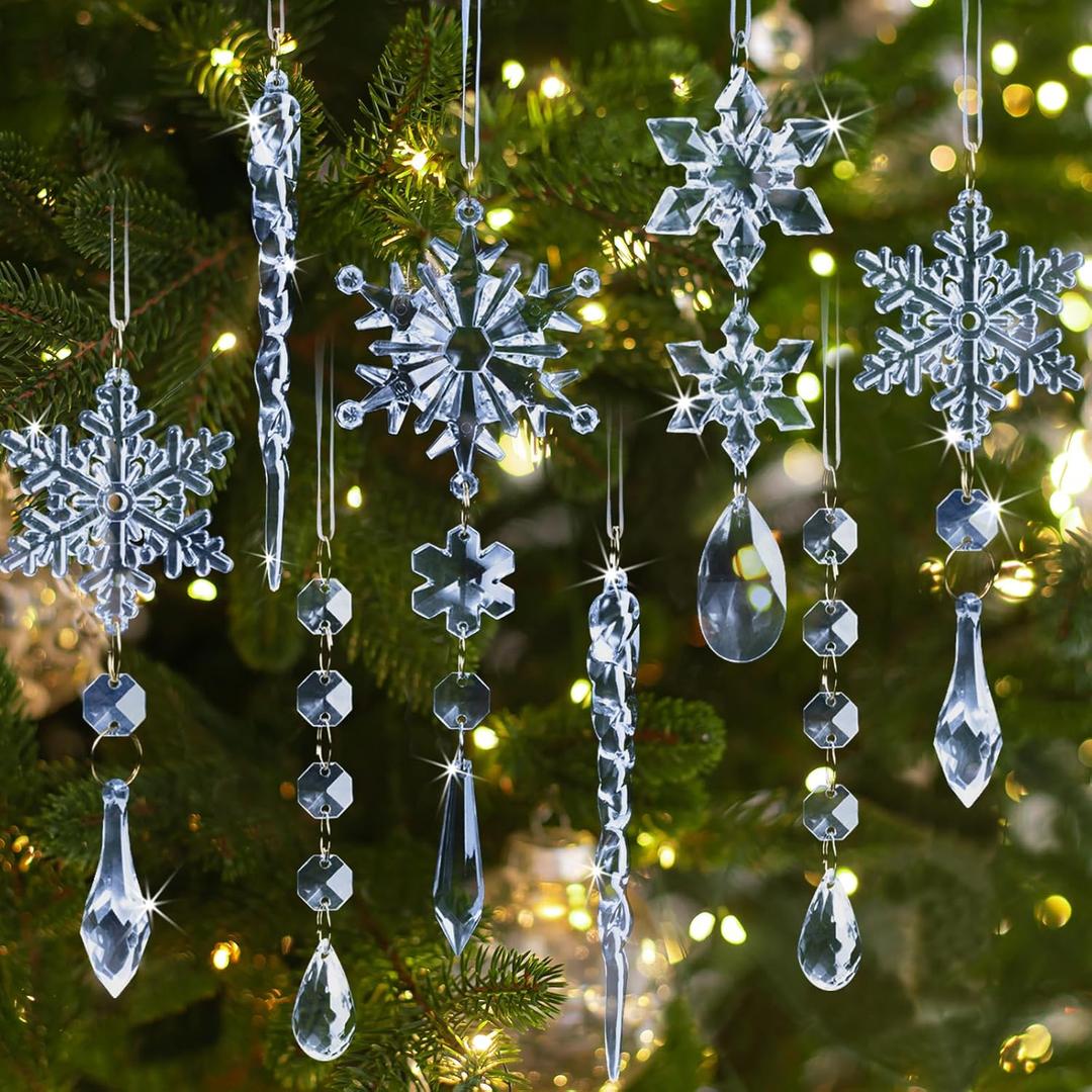 18pcs Crystal Christmas Ornaments for Christmas Tree Decorations- Light Blue Hanging Acrylic Snowflake and Icicle Ornaments with Drop Pendants for New Year Party Decorations Supplies