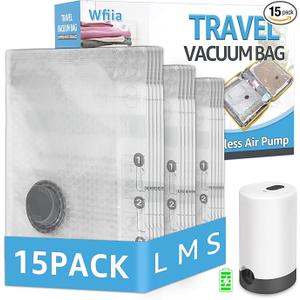 15 Packs Vacuum Bags for Travel with Rechargeable Pump, 3 Sizes Vacuum Seal Bags for Clothing, Compression Vacuum Travel Bags for Luggage, Vacuum Packing Bags for Closet Organization