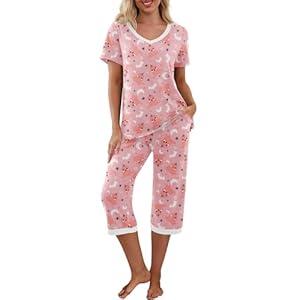 PrinStory Women's Pajama Set Short Sleeve Shirt and Capri Pants Sleepwear Pjs Sets with Pockets (Fp-big Leaf Pink) M