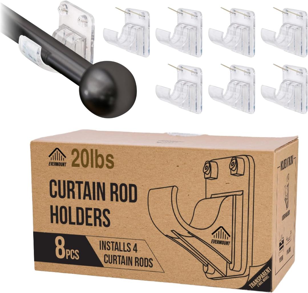 8pcs Heavy Duty Curtain Rod Holders with Wide Hook, 5X Stronger Than Adhesive Curtain Rod Hooks, 20 LBS Tension Curtain Rod Bracket for Wall with Level and Pin Guide, Curtain Wall Mount