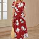 OFEEFAN Vacation Dresses for Women Short Sleeve Maxi Dress Tiered Dress Women's Casual Dresses Floral Red S (S)