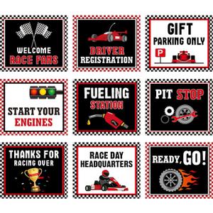 Blulu 9 Pcs Racing Car Party Decoration Supplies Race Cut Outs Bulletin Board Sign Birthday Car Paper Decor Laminated Theme with 40 Glue Point(Classic Style)