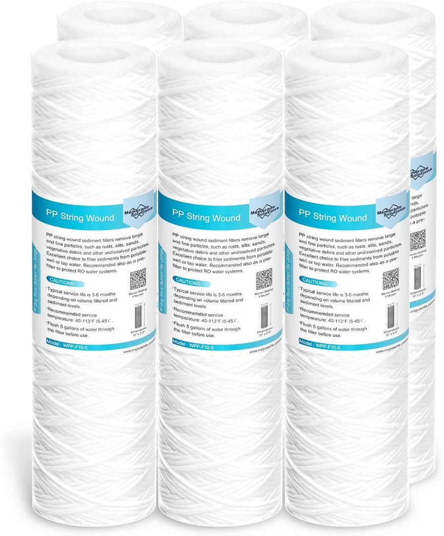 Membrane Solutions 5 Micron 10"x2.5" String Wound Whole House Water Filter Replacement Cartridge Universal Sediment Filters for Well Water - 6 Pack