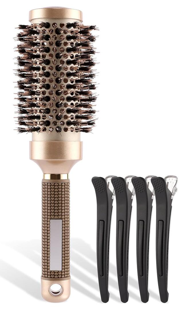 Small Round Brush with Boar Bristle, Thermal Ceramic & Ionic Roller Hair Brush for Blow Drying, Curling&Straightening, Heat Styling + 4 Sectioning Hair Clips (Barrel 1 Inch)