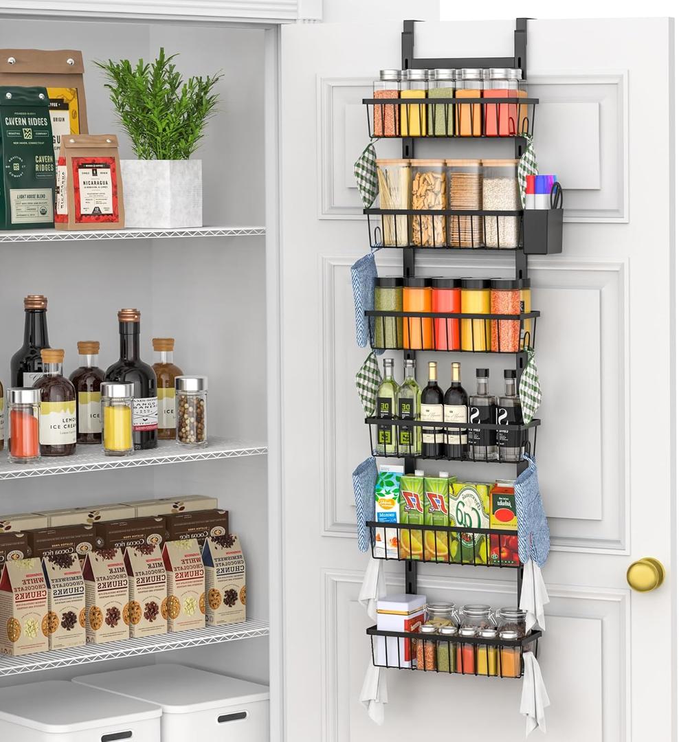 Over The Door Pantry Organizer, 6-Tier Metal Pantry Organization and Storage for Kitchen with Adjustable Shelves, Hanging Spice Seasoning Rack, Black