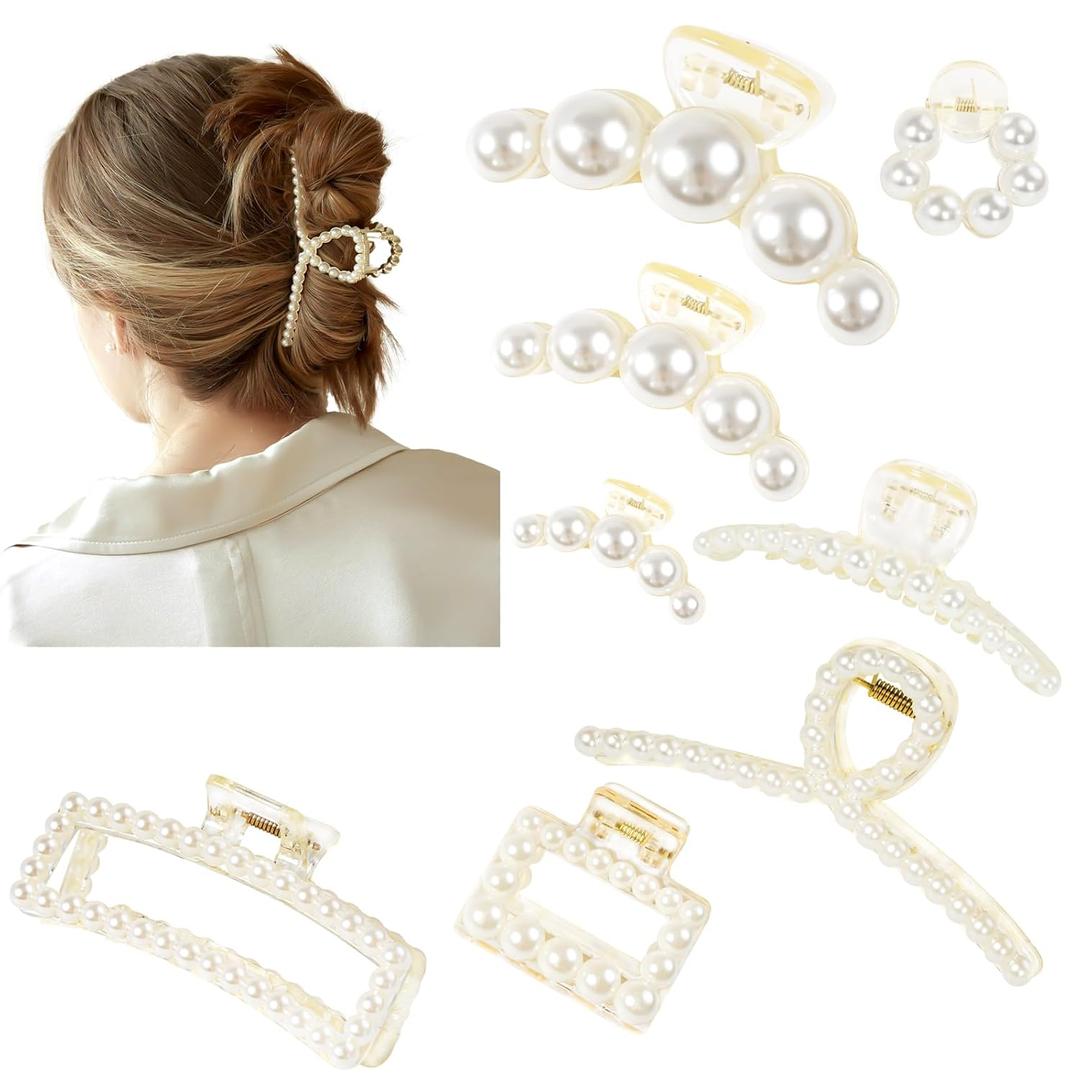 Pearl Hair Accessories for Women - 6PCS Claw Clips for Thick and Thin Hair, Barrettes for Styling and Weddings