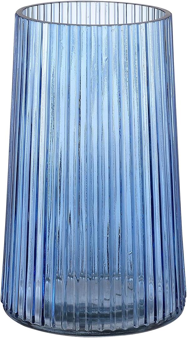 Blue Glass Vase for Flower, Flower Vase for Bouquet, Modern Glass Vases, Ribbed Vases for Living Room, Bedroom, Dining Table, Office, Wedding, Centerpieces, 8 Inches