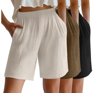 Riyiper 3 Pack Women's Linen Shorts Elastic High Waist Bermuda Wide Leg Summer Casual Lounge Short with Pockets(Linen, Khaki, Black, X-Large)
