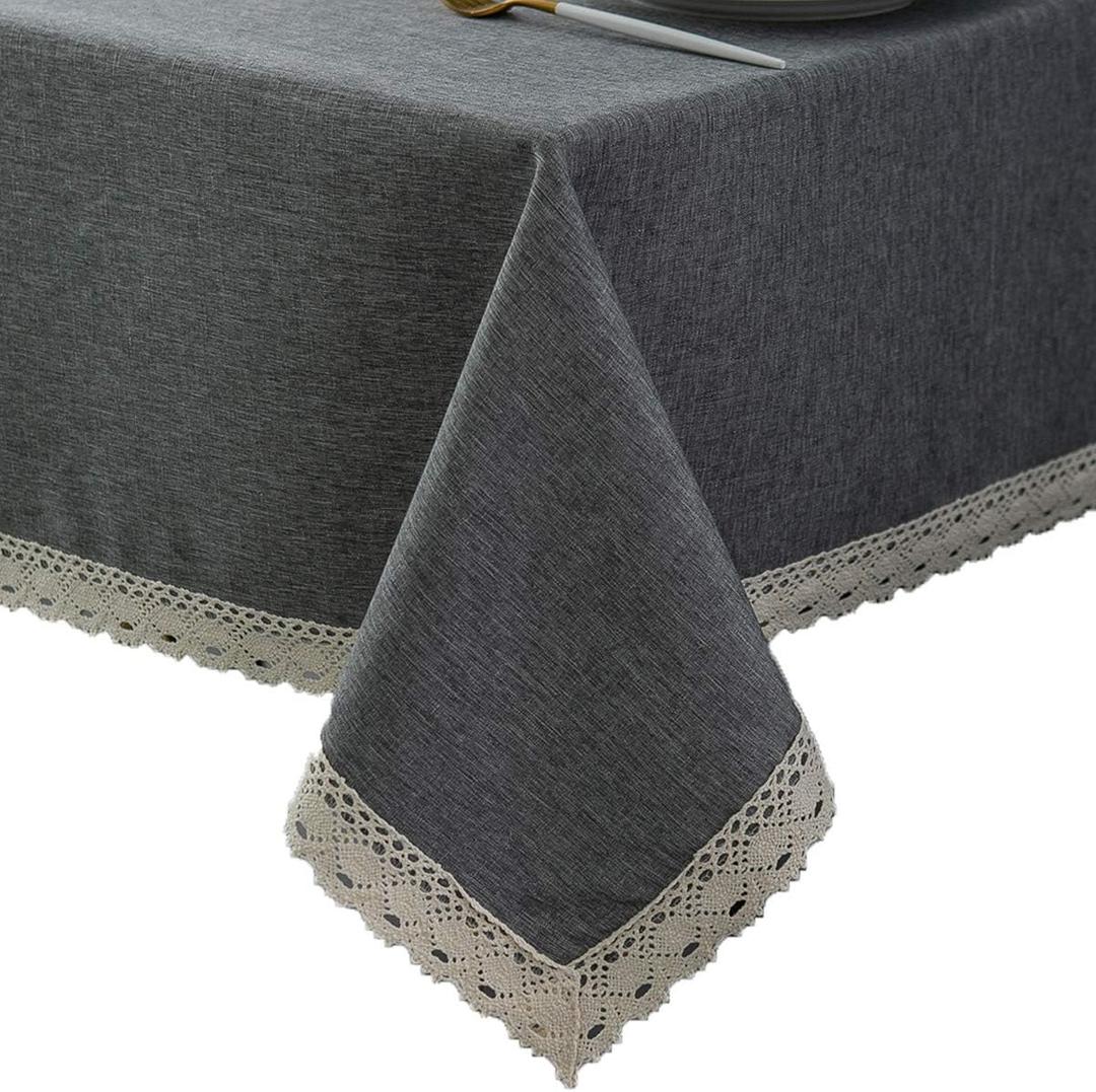 EHouseHome Faux Linen Tablecloth with Lace Trim - Waterproof/Spill Proof/Stain Resistant/Wrinkle Free/Oil Proof - for Banquet, Parties, Dinner,Kitchen,Wedding,Coffee,Holiday,Grey Rectangle 60x84Inch