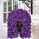HyeFlora Artificial Faux Hanging Flowers Plants Basket for Outdoor Outside Porch Decoration, UV Resistant Fake Silk Purple Morning Glory Trailing Vines Realistic for Summer Home Balcony Yard Patio