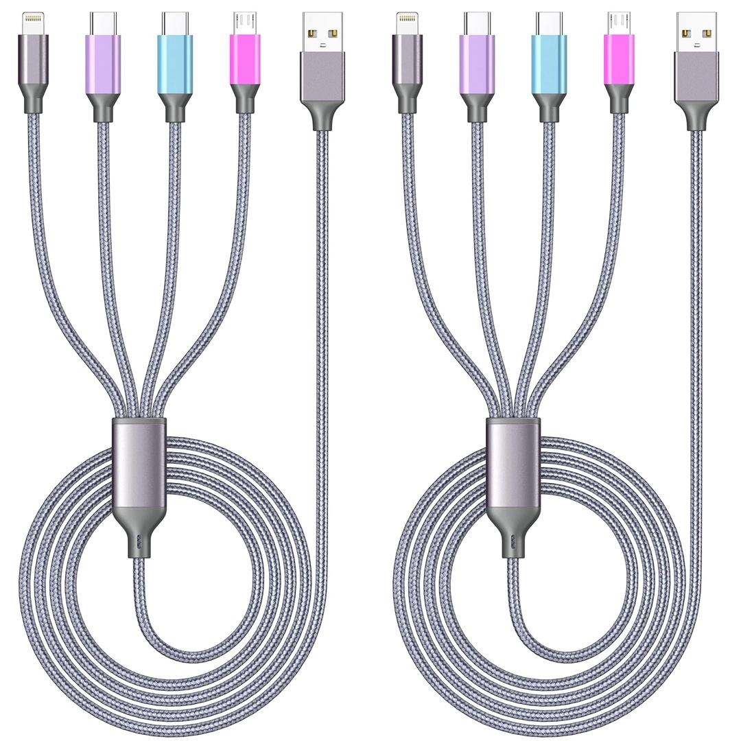 Multi Charging Cable 4ft 2Pack, 4 in 1 Charging Cable Nylon Braided Lightning iPhone Charger,Universal Charger Phone Cord with Type-C,Micro USB,IP Port for iPhone17-5/Android -Multicolor