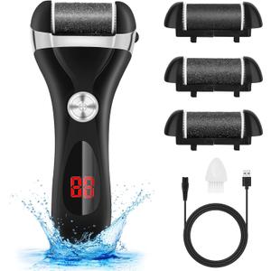 Electric Foot Callus Remover Kit, Elmchee Rechargeable Pedicure Tools Foot Care Feet File with 3 Roller Heads,2 Speed,Battery Display for Remove Cracked Heels Calluses and Dead Skin(Black) (1 Count (Pack of 1))