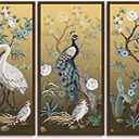 BELISIIS Folding screen in chinoiserie style with peacock and peonies on golden Wall Artwork Exclusive Photography Vintage Paintings Print on Canvas Home Decor Wall Art 3 Panels Framed Ready to Hang