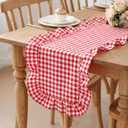 HunnmingRe 1 Pcs Red Plaid Gingham Ruffle Table Runner 118 x 13.8'' Farmhouse Table Runner 100% Cotton Scalloped Long Dresser Scarves for Mothers Day, Dining Room, Wedding, Kitchen Rustic Home Decor