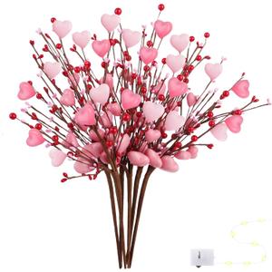 Valentine's Day Gifts Valentines Day Decorations 8PC Pink Heart Shaped Valentine Floral Picks with Red Berries Pink Roses for Valentines Day Wedding Candlelight Anniversary Flower Bouquets Decor