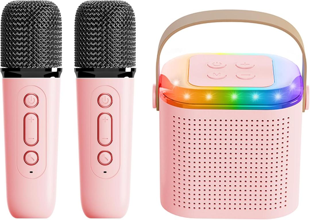 Mini Karaoke Machine for Kids,Portable Bluetooth Speaker with Wireless Microphone for Kids Toddler,Gifts for Girls and Boys Birthday (Pink 2 mic) (Pink 2 mic)