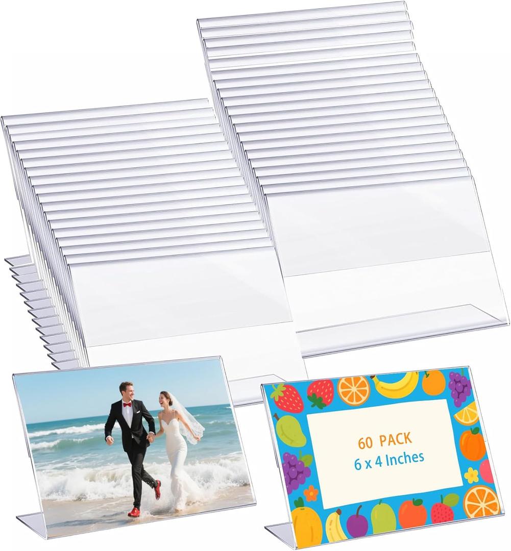 60 Pcs 4x6 Clear Acrylic Picture Frames Bulk Horizontal L-Shaped Plastic Photo Sign Holders, Slanted Back Display Stand for Tabletop, Desktop, Flyer, Office, Home & Store Use