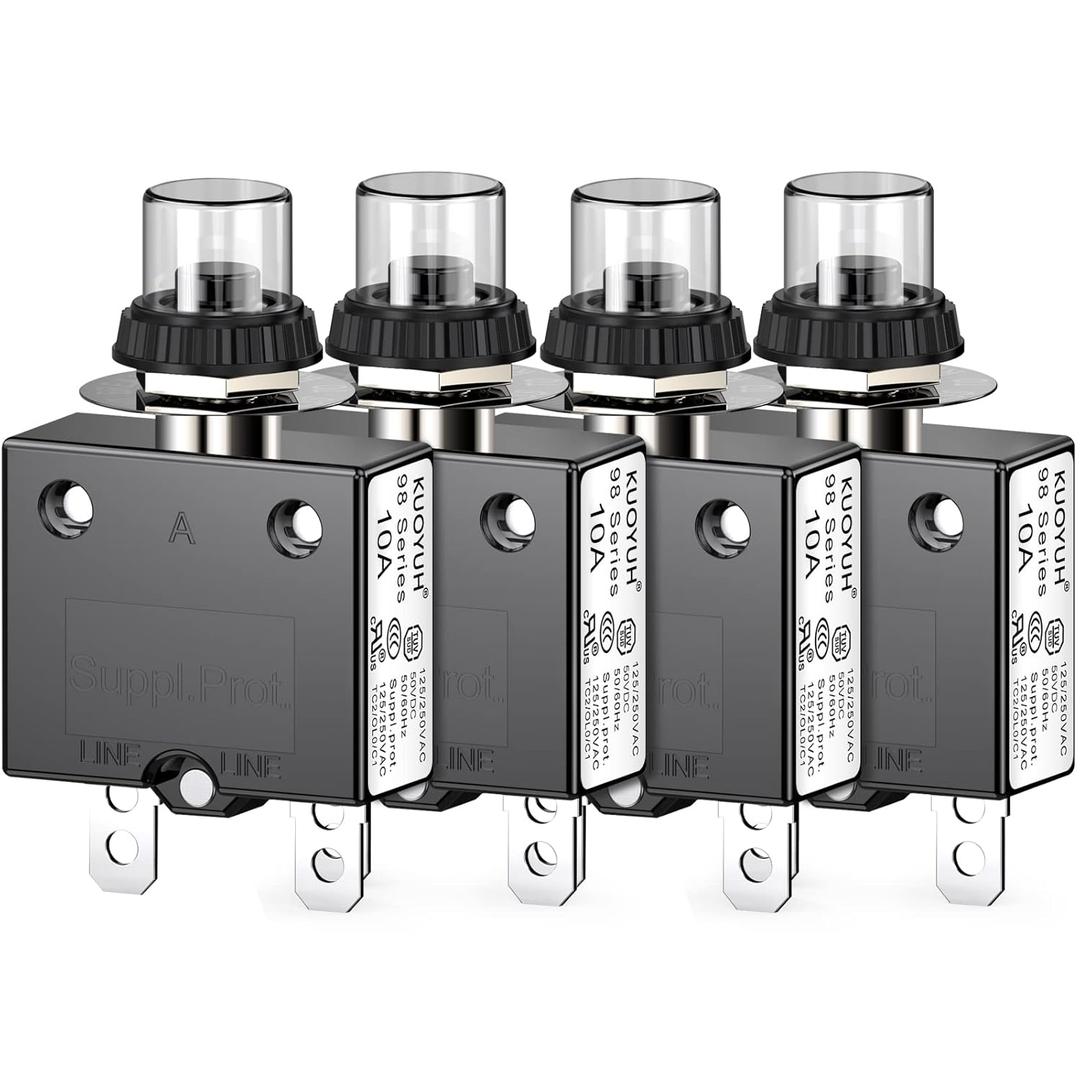 Thermal Circuit Breaker, 10 Amp Push Button Manual Reset Circuit Breaker 32V DC 125/250VAC 50/60Hz with Quick Connect Terminals and Waterproof Button Transparent Cap 4Pcs