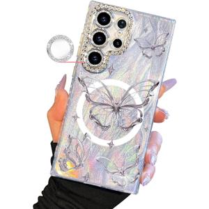 I-MGAE-IN-AR Compact Case for Samsung Galaxy S25 Ultra Butterfly Design,Magnetic Protective Diamond Camera Lens Protection Frame,Cute Soft Shockproof Phone Cases Cover for Women Silver Aesthetic