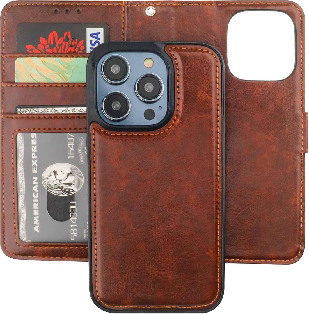 Bocasal Detachable Wallet Case for iPhone 14 Pro RFID Blocking Card Slots Holder Premium PU Leather Magnetic Kickstand Shockproof Wrist Strap Removable Flip Protective Cover 5G 6.1 inch (Brown)