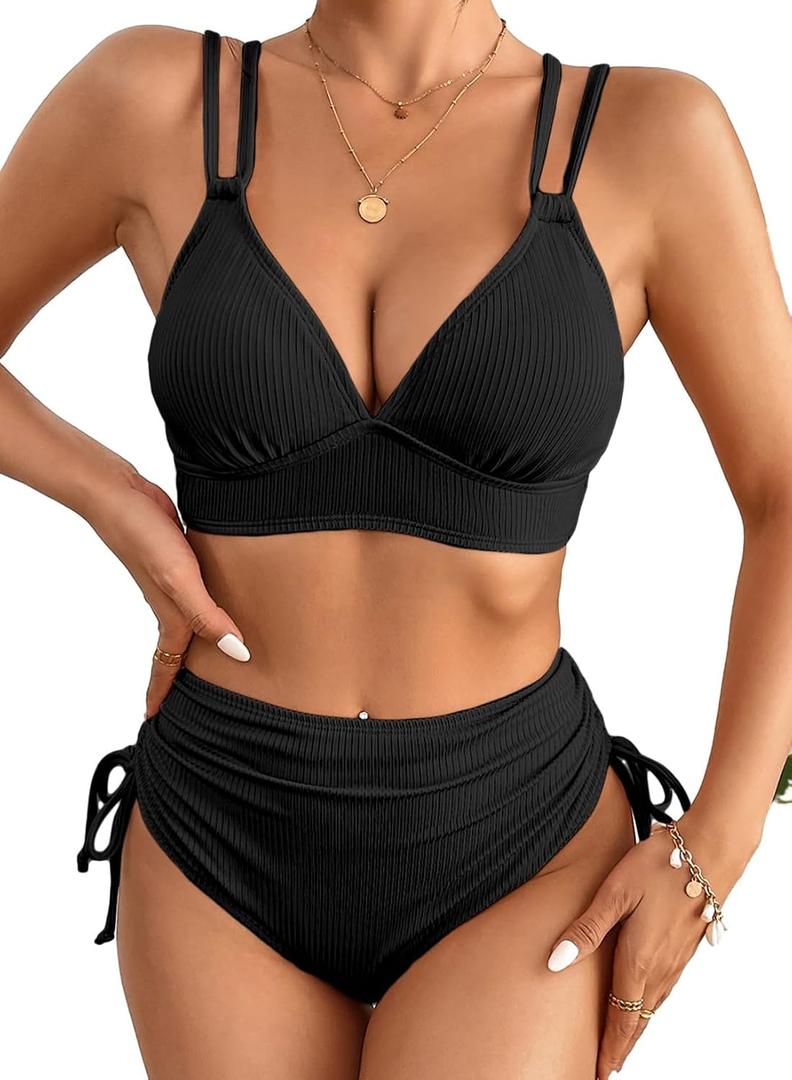 Herseas Women's Bikini Sets Two Piece Swimsuit V Neck High Waisted Ruched Tummy Control 2025 Summer Bathing Suit (Black, XS)