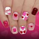 Valentine Red Short Fake Nails Cherry Square Nails Press ons with Polka Dot & Heart Balloon Designs Valentine Glue on Nails Glossy Full Cove Stick on Nails Reusable Acrylic Nails for Women