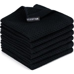 BOOMIBOO 6-Pack Kitchen Dish Cloths, 100% Cotton Waffle Weave, Ultra Soft Absorbent, Quick Drying Dish Towels, 12x12 Inches, Black