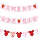 Maitys 3 Pcs Strawberry Baby Shower Decorations Girl Banners Pink Gingham Paper Garland with Baby Clothes Shaped Bunting for Girl Strawberry Birthday Party Supplies