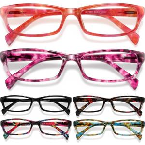 Gaoye Reading Glasses for Women, 6 pack Fashion Readers for Women Men Spring Hinge Eye Glasses, Blue Light Reading Glasses (Black With Bright Flowers Fully Transparent, Black and Red Flowers Fully Transparent, Pink Mosaic Fully Transparent, Red Flowers Semi Transparent, Blue Orange Mosaic Fully Transparent, Black) +2.0